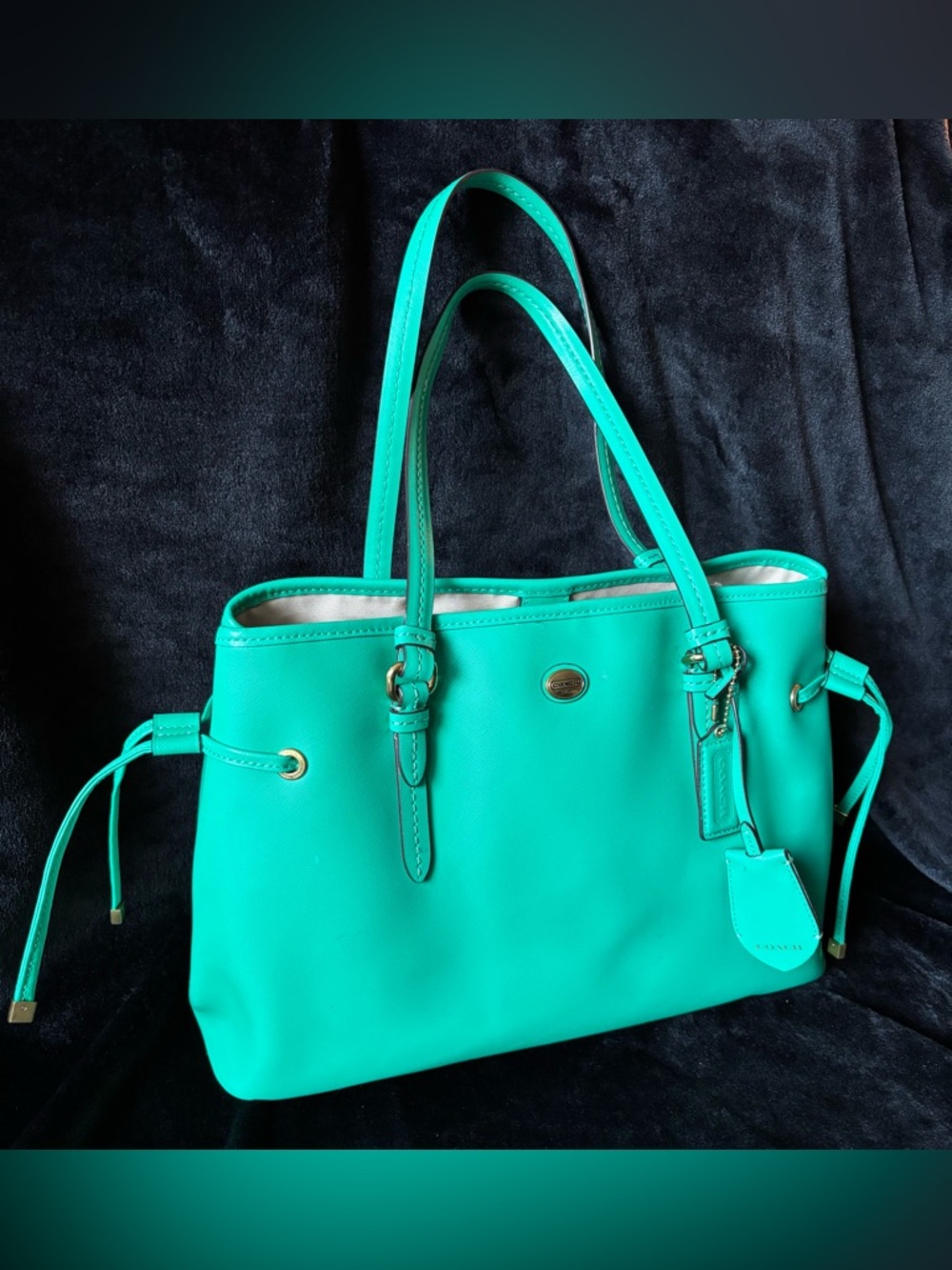 Coach Peyton Saffiano Leather Drawstring Carryall Tote Teal Shoulder Bag F29362
